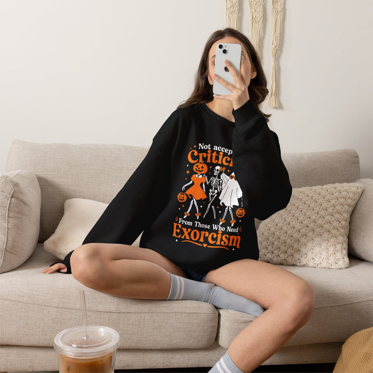 Black Cover Crewneck Sweatshirt — “Not Accepting Criticism From Those Who Need Exorcism” Halloween Graphic