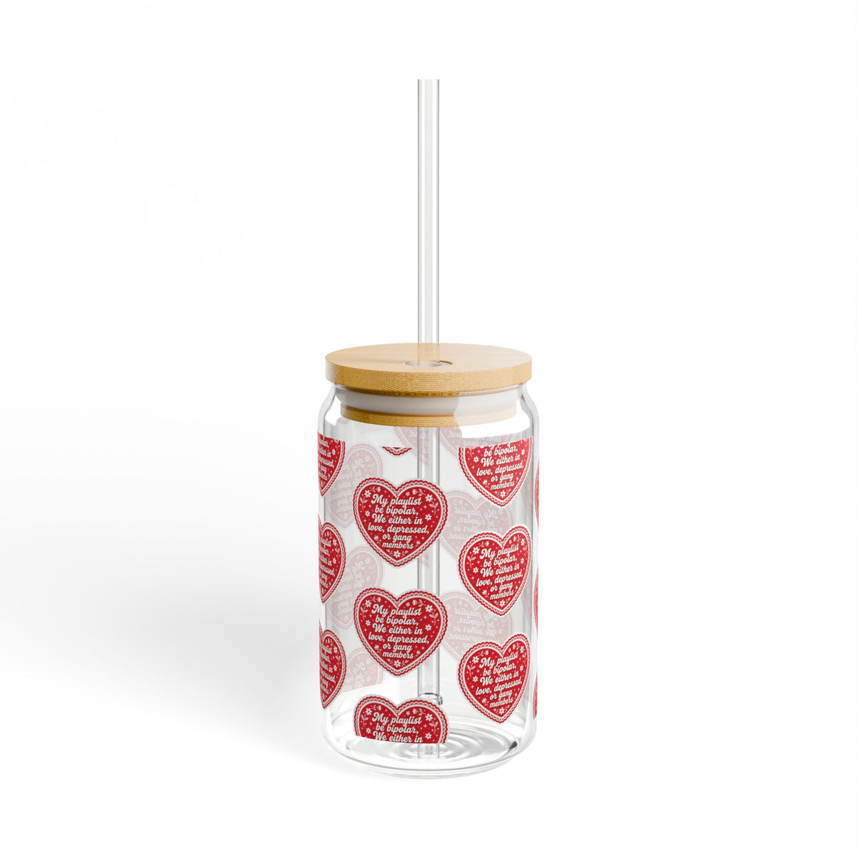 Heart Pattern 16oz Sipper Glass – Valentine’s Reusable Drink Jar with Straw