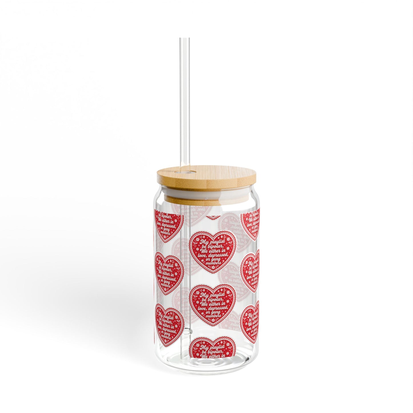 Heart Pattern 16oz Sipper Glass – Valentine’s Reusable Drink Jar with Straw