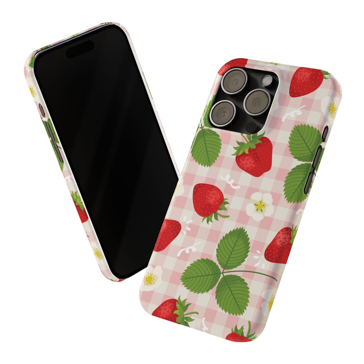 Strawberry Picnic Slim Phone Case — Cute Pink Gingham Fruit Pattern