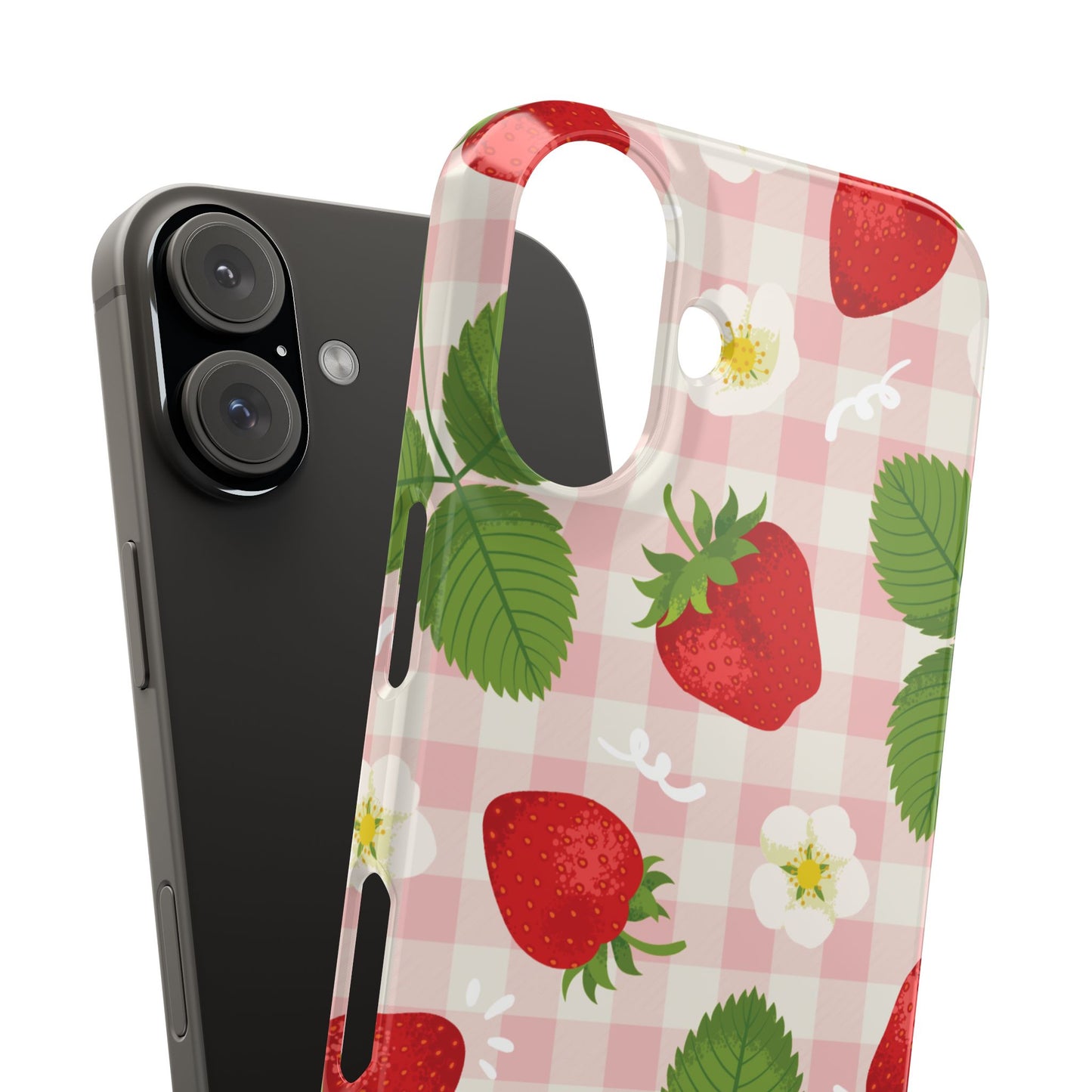 Strawberry Picnic Slim Phone Case — Cute Pink Gingham Fruit Pattern