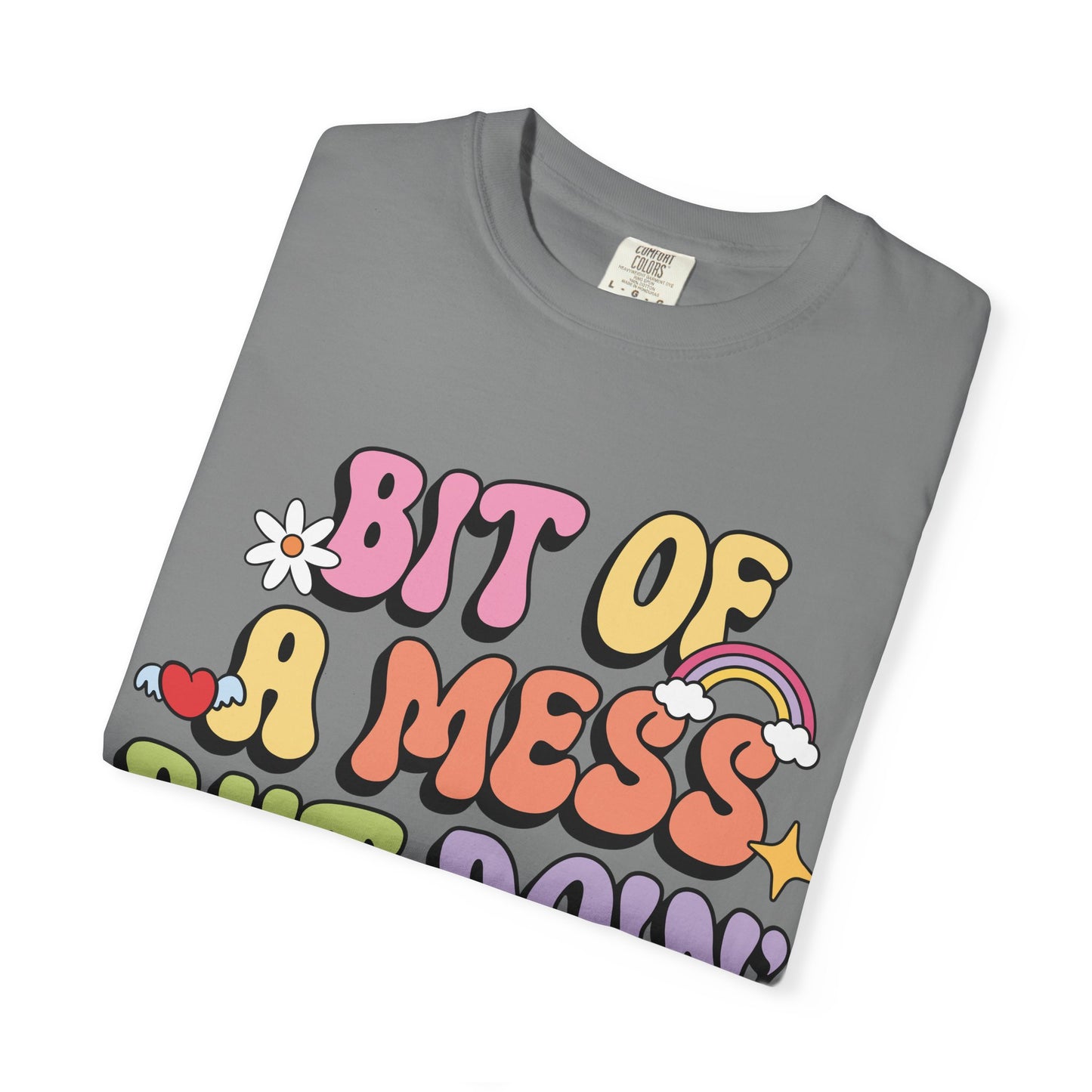 Graphic T-Shirt — "A Bit Of A Mess " Colorful Retro Quote Tee