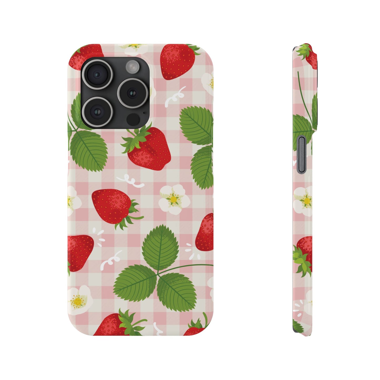 Strawberry Picnic Slim Phone Case — Cute Pink Gingham Fruit Pattern