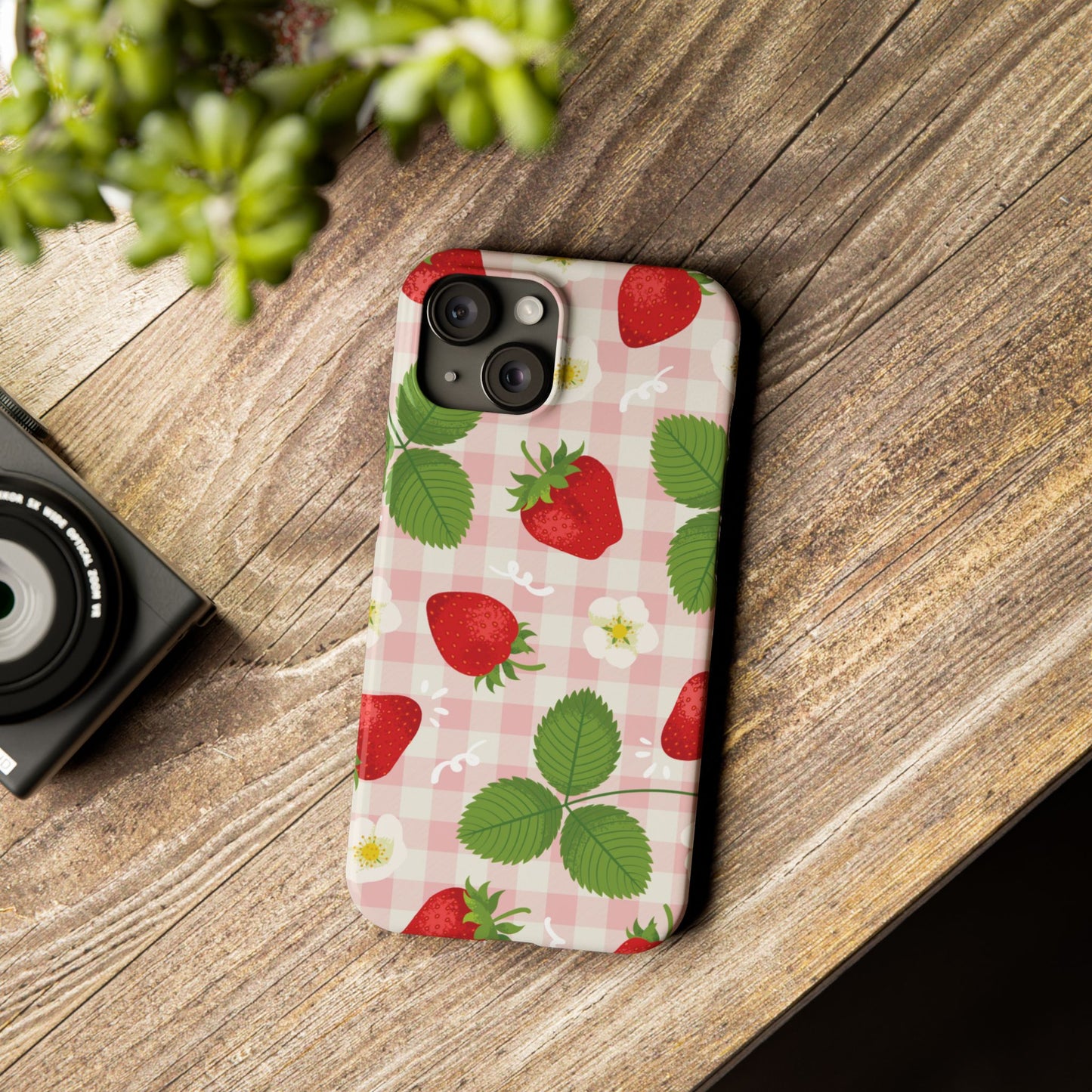Strawberry Picnic Slim Phone Case — Cute Pink Gingham Fruit Pattern