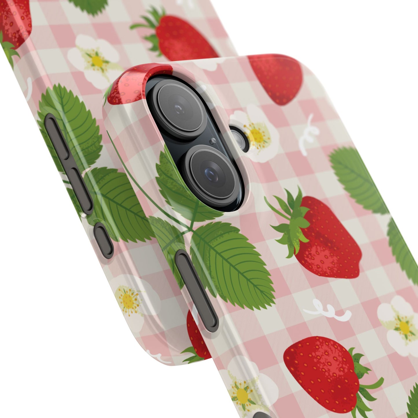 Strawberry Picnic Slim Phone Case — Cute Pink Gingham Fruit Pattern