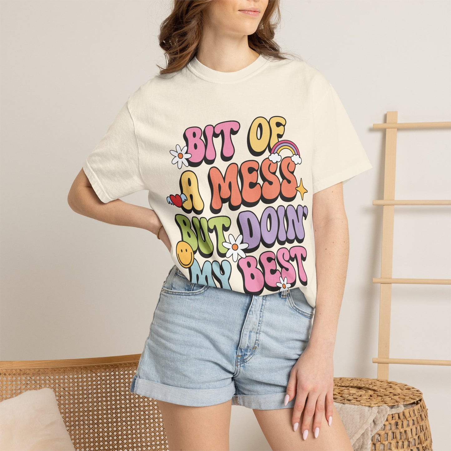 Graphic T-Shirt — "A Bit Of A Mess " Colorful Retro Quote Tee