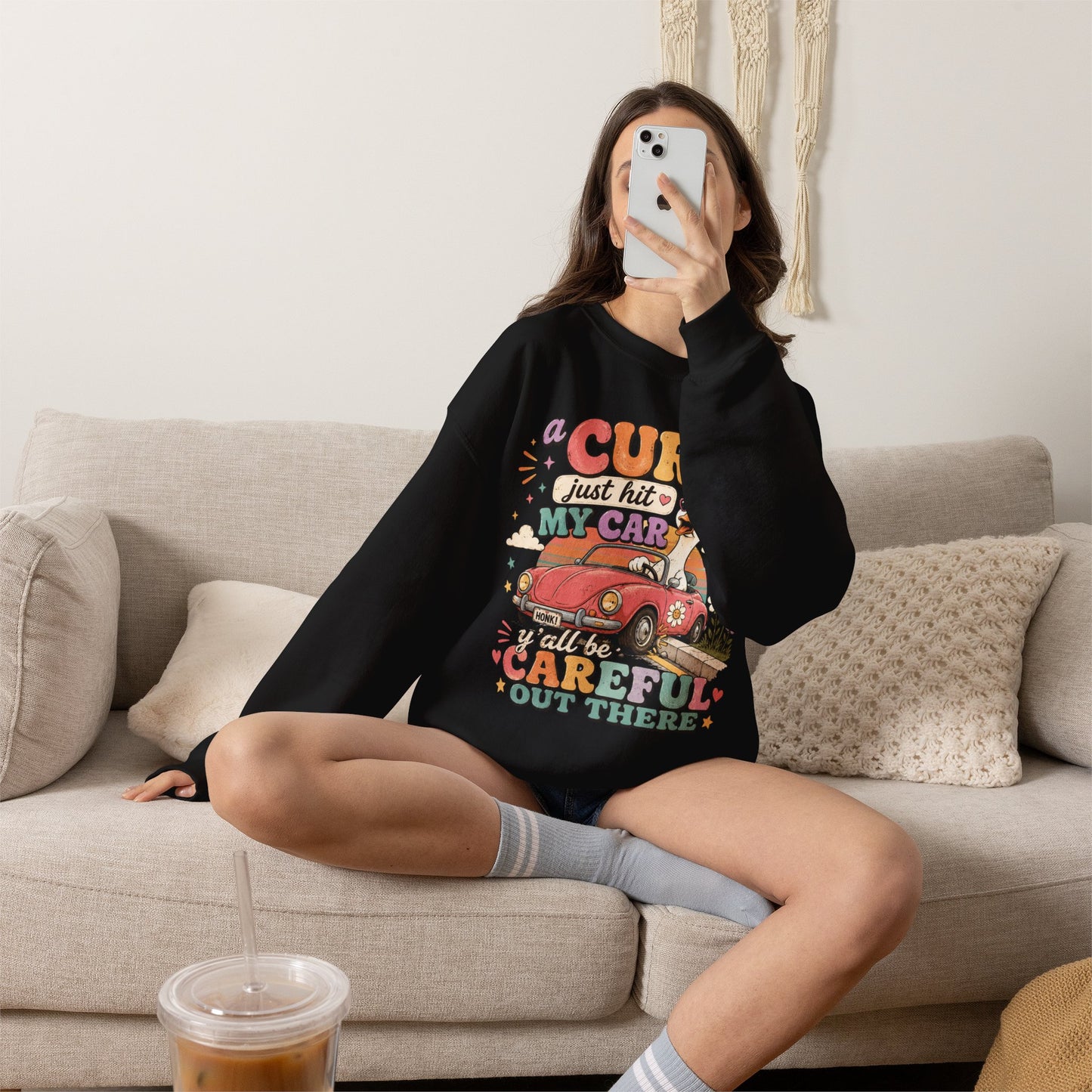 Crew Neck "A Curb Just Hit My Car Y'all" Graphic Sweatshirt