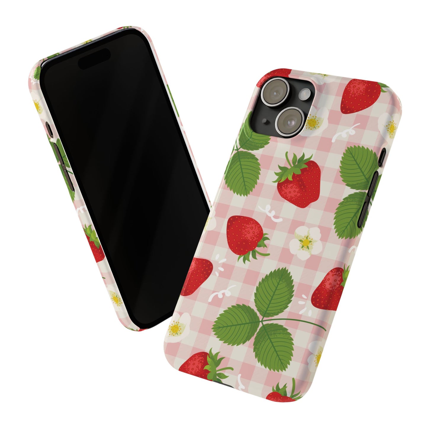 Strawberry Picnic Slim Phone Case — Cute Pink Gingham Fruit Pattern