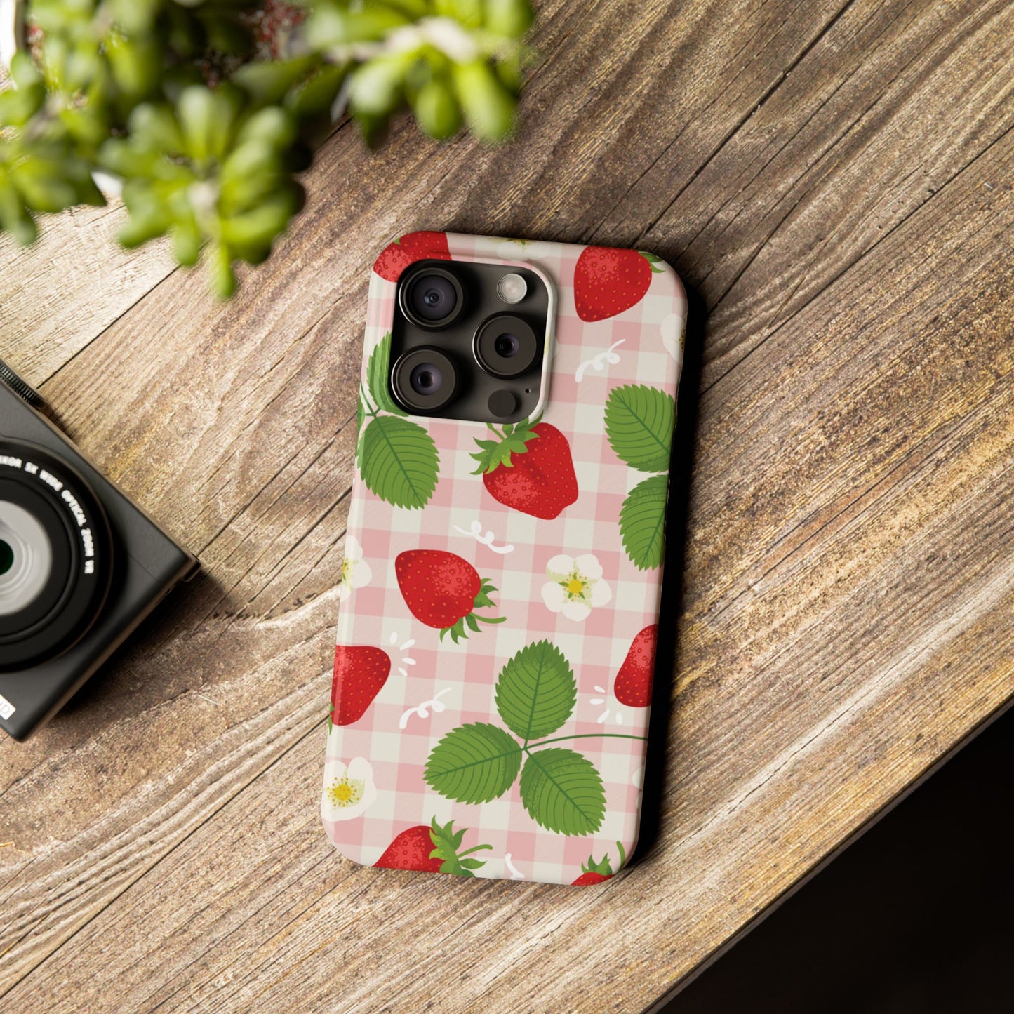 Strawberry Picnic Slim Phone Case — Cute Pink Gingham Fruit Pattern