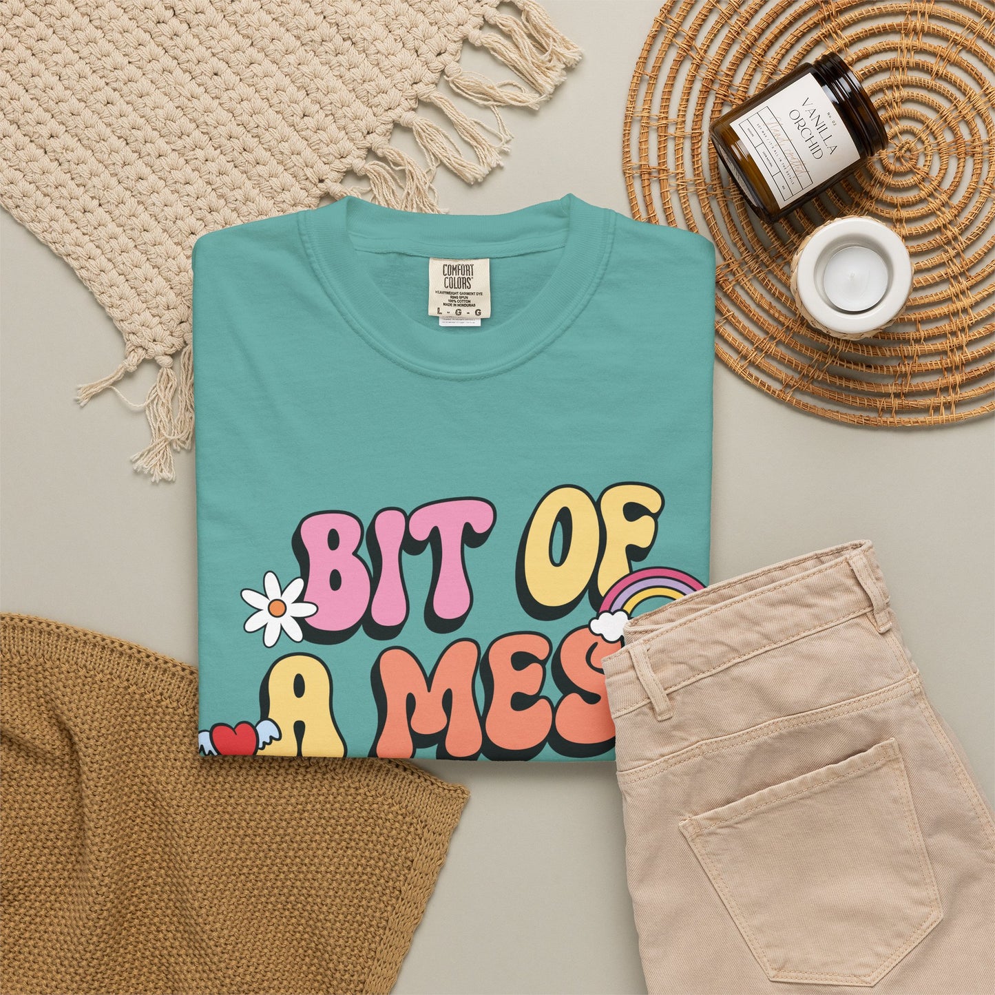Graphic T-Shirt — "A Bit Of A Mess " Colorful Retro Quote Tee