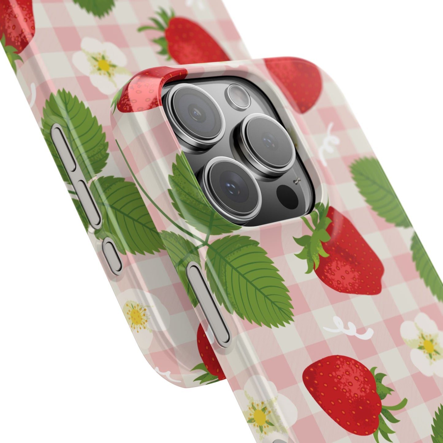 Strawberry Picnic Slim Phone Case — Cute Pink Gingham Fruit Pattern