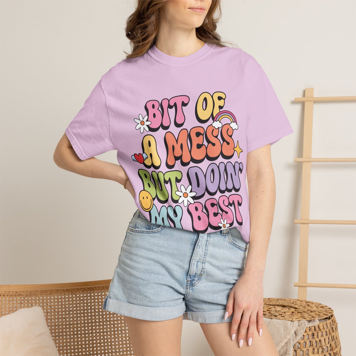 Graphic T-Shirt — "A Bit Of A Mess " Colorful Retro Quote Tee