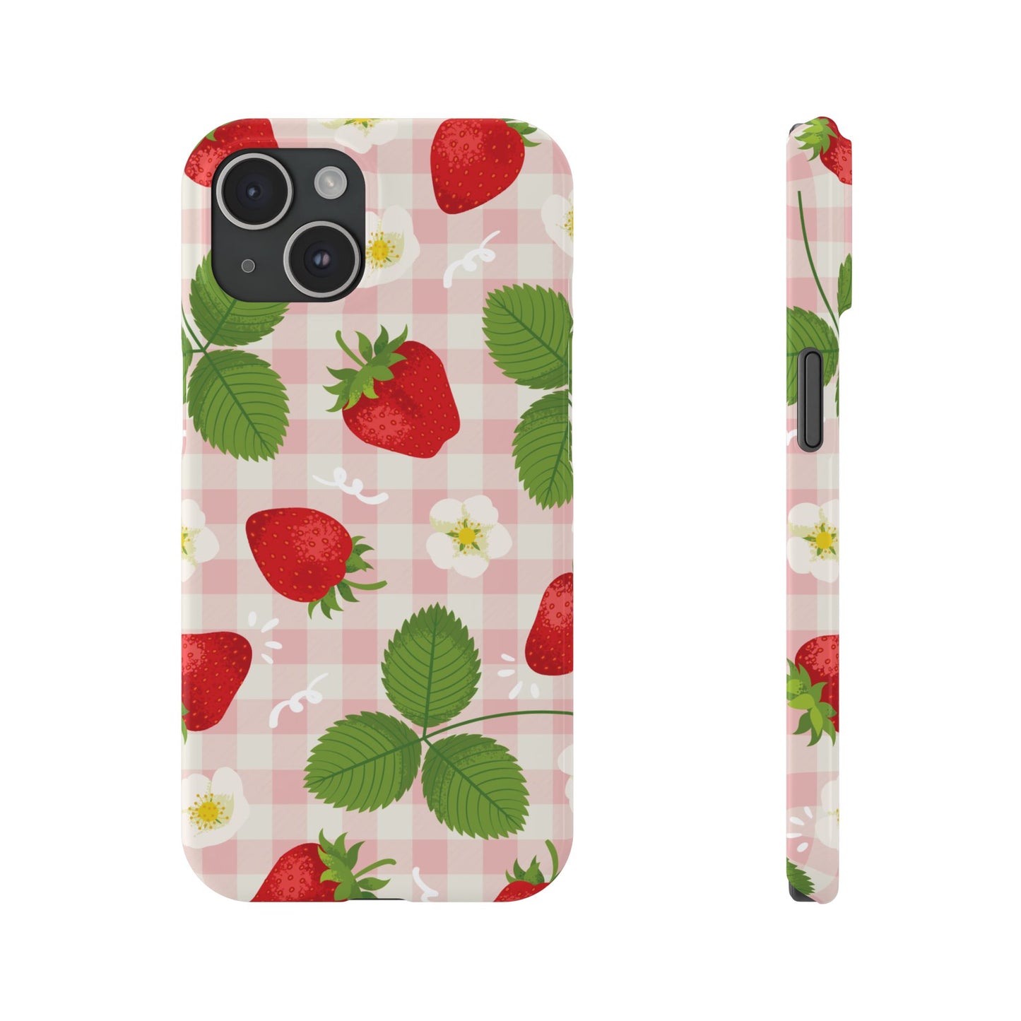 Strawberry Picnic Slim Phone Case — Cute Pink Gingham Fruit Pattern