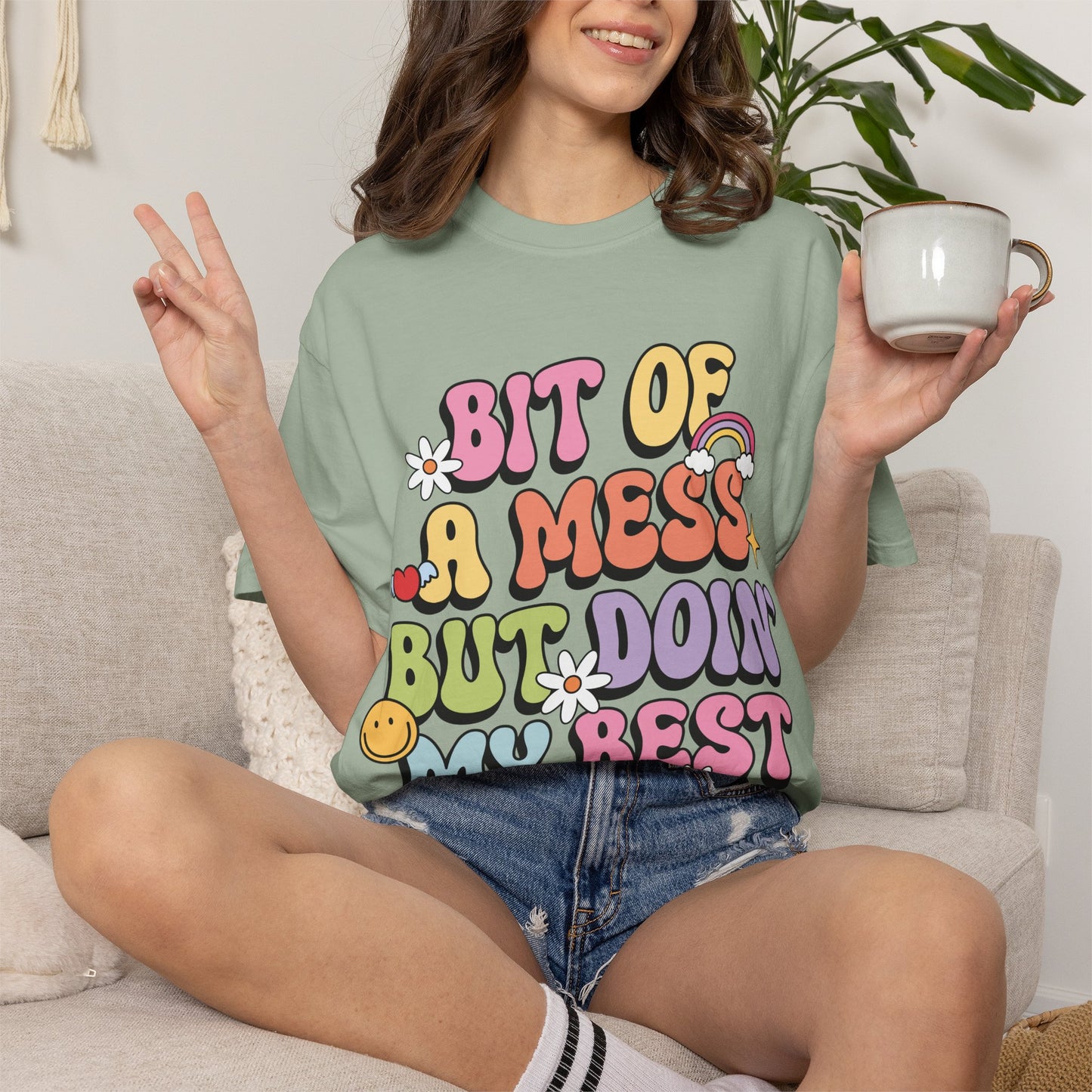 Graphic T-Shirt — "A Bit Of A Mess " Colorful Retro Quote Tee