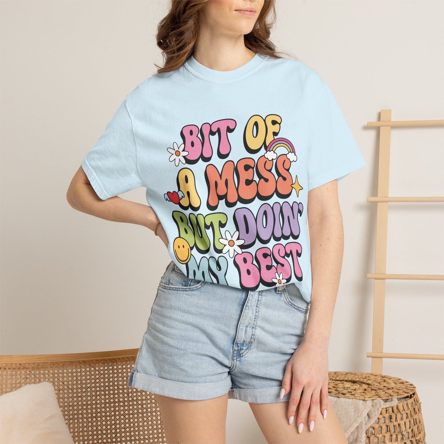 Graphic T-Shirt — "A Bit Of A Mess " Colorful Retro Quote Tee