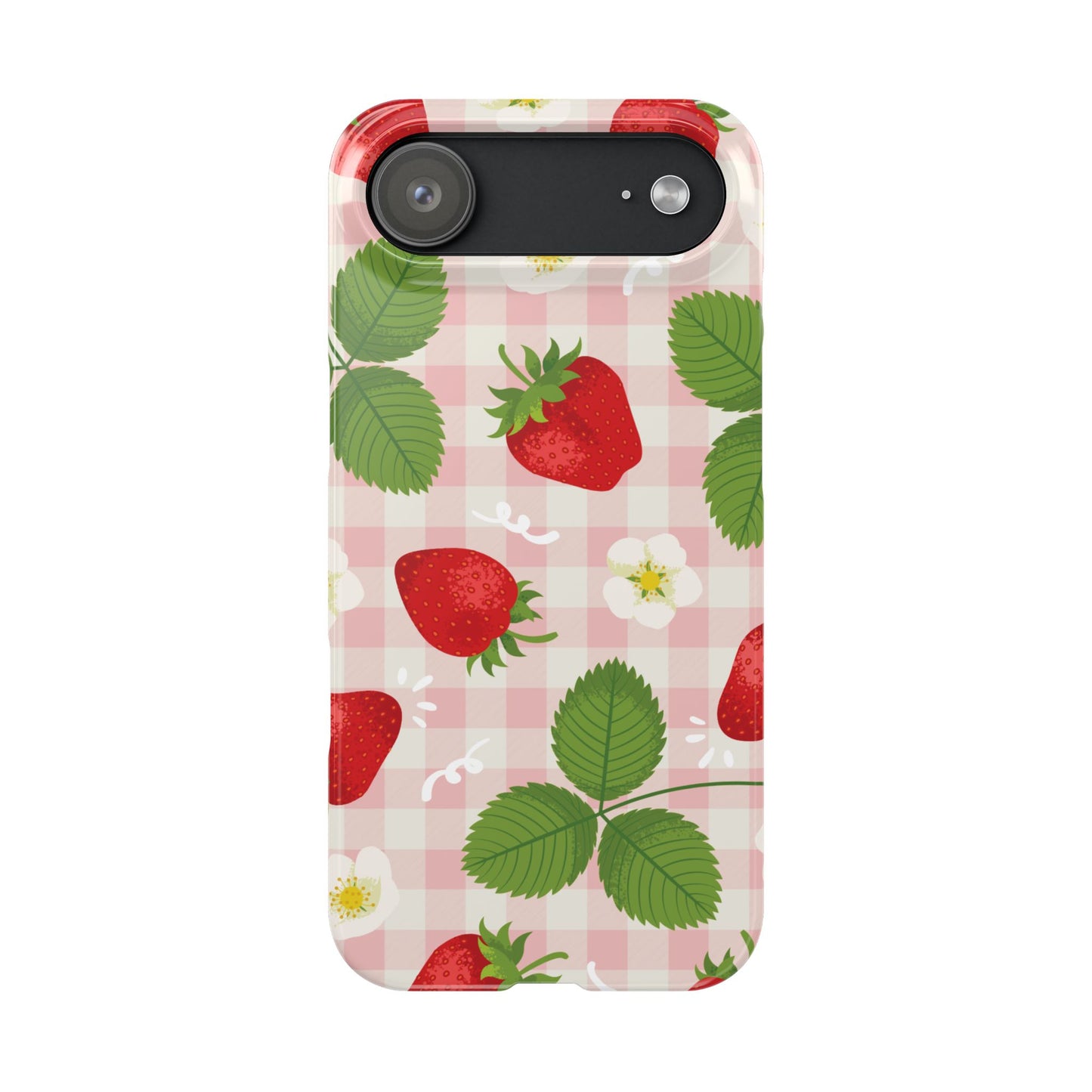 Strawberry Picnic Slim Phone Case — Cute Pink Gingham Fruit Pattern