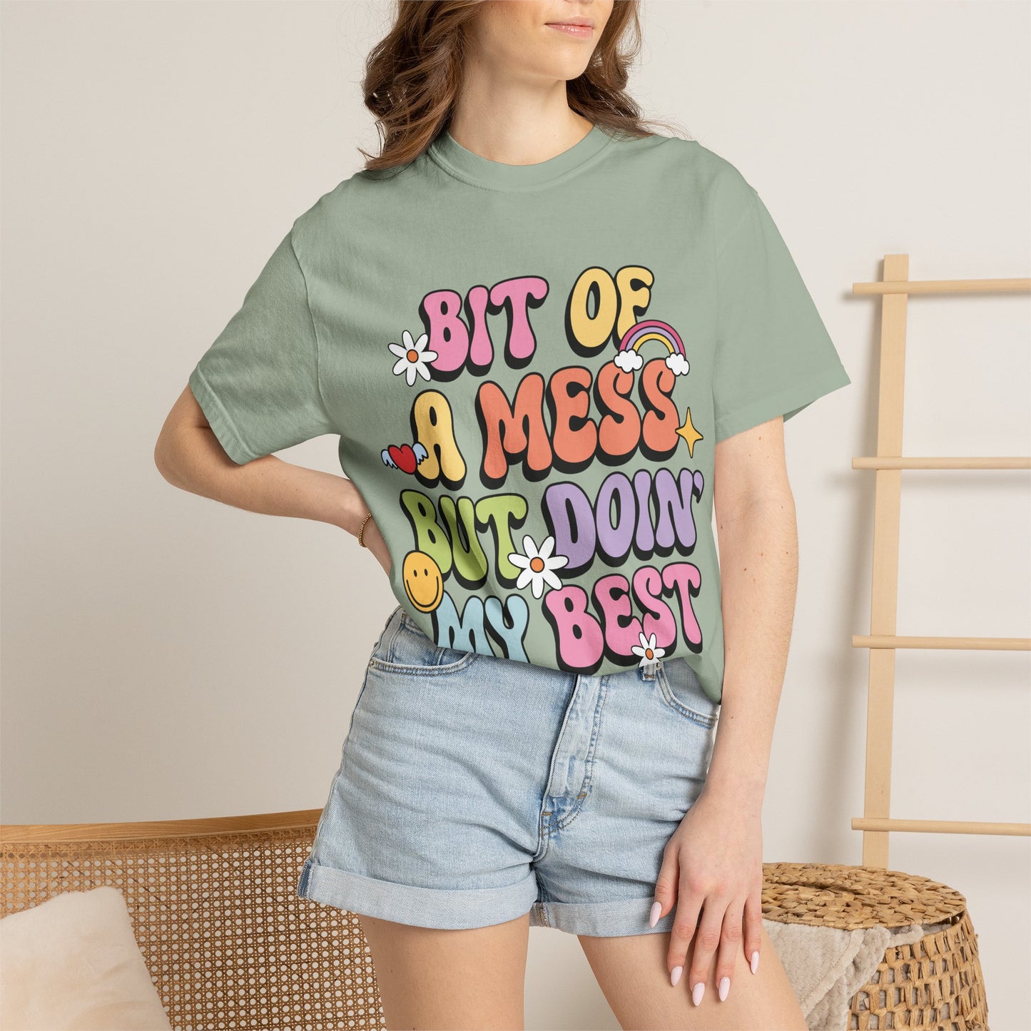 Graphic T-Shirt — "A Bit Of A Mess " Colorful Retro Quote Tee