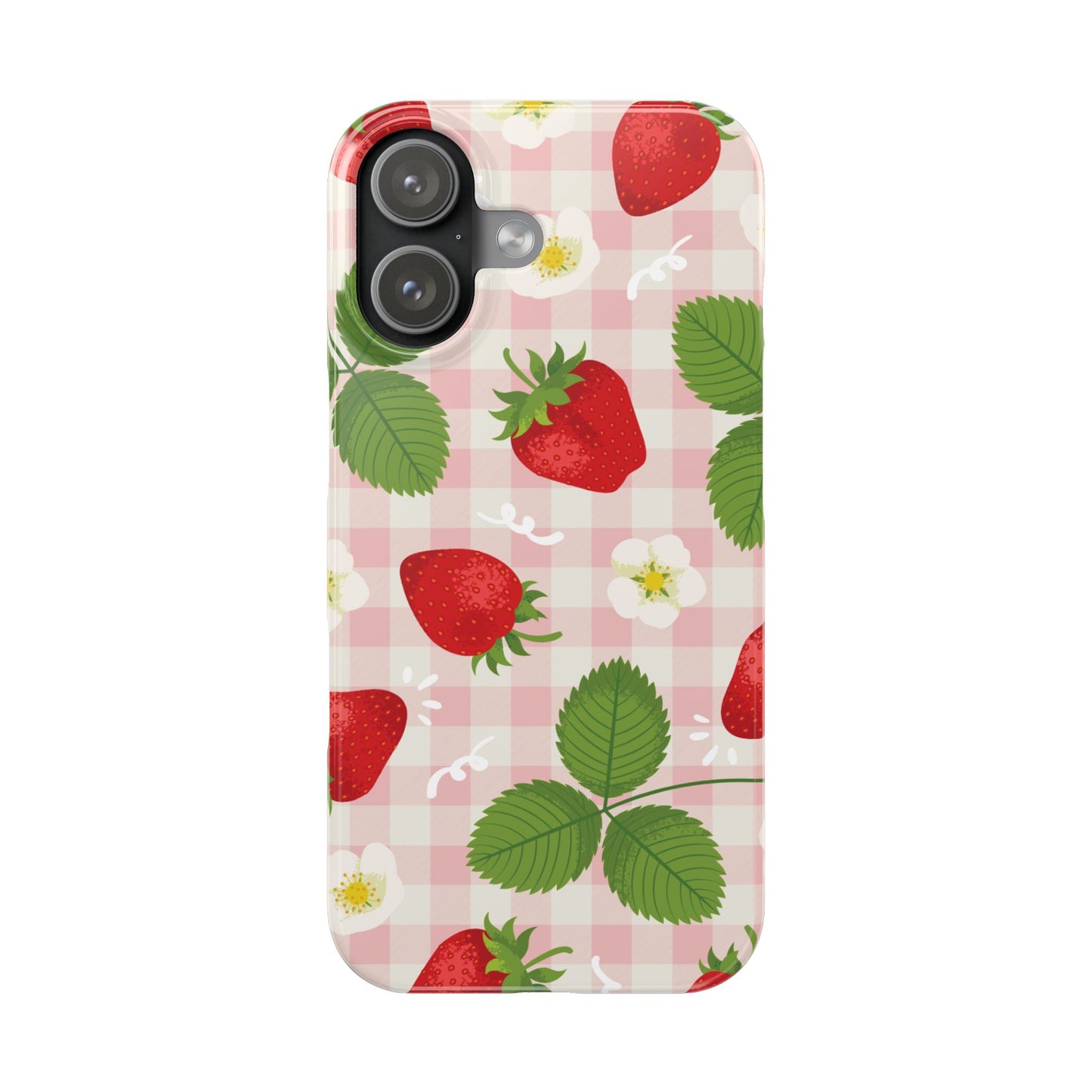 Strawberry Picnic Slim Phone Case — Cute Pink Gingham Fruit Pattern