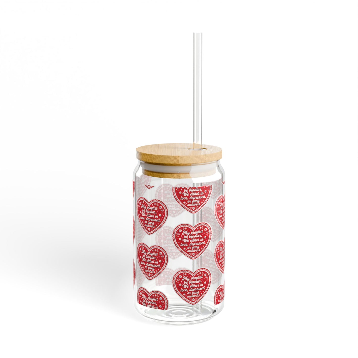 Heart Pattern 16oz Sipper Glass – Valentine’s Reusable Drink Jar with Straw