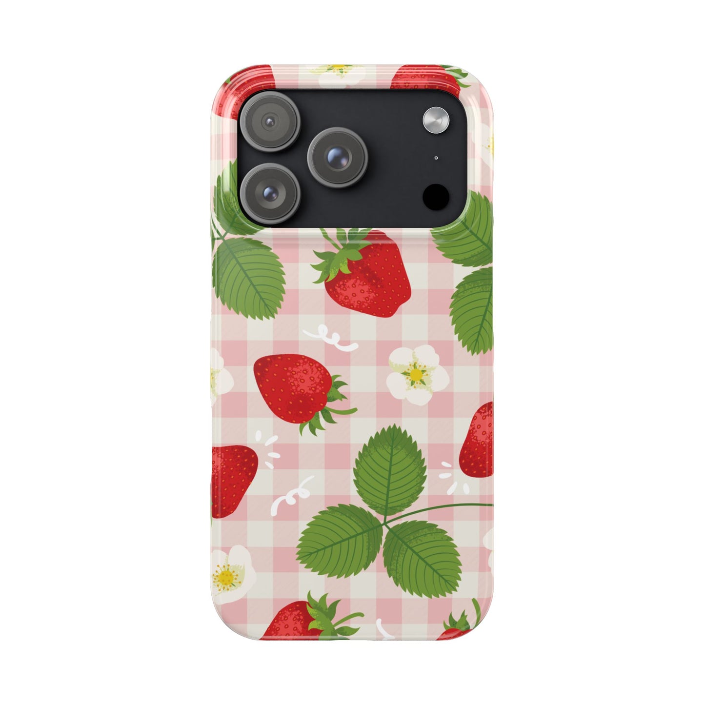 Strawberry Picnic Slim Phone Case — Cute Pink Gingham Fruit Pattern
