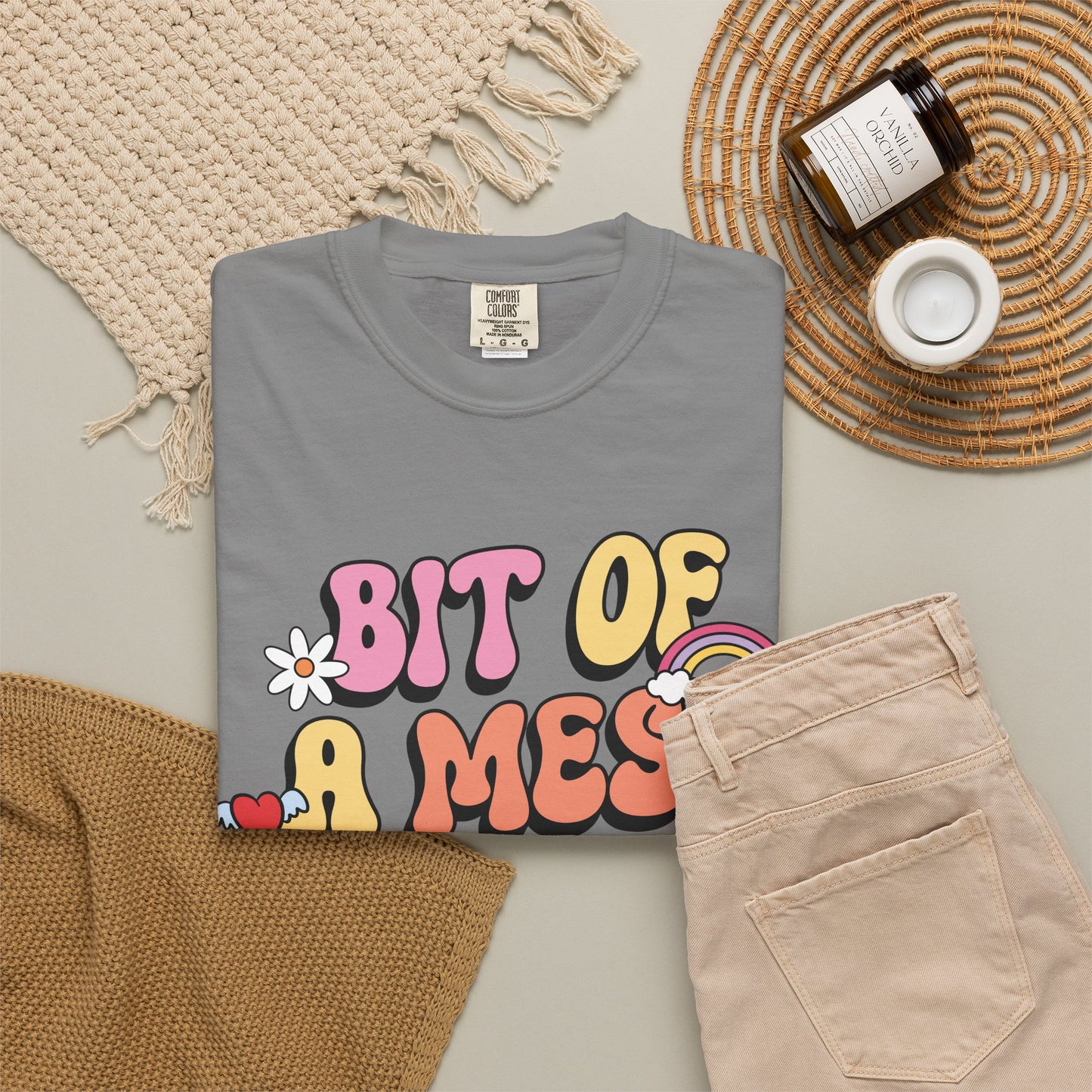 Graphic T-Shirt — "A Bit Of A Mess " Colorful Retro Quote Tee