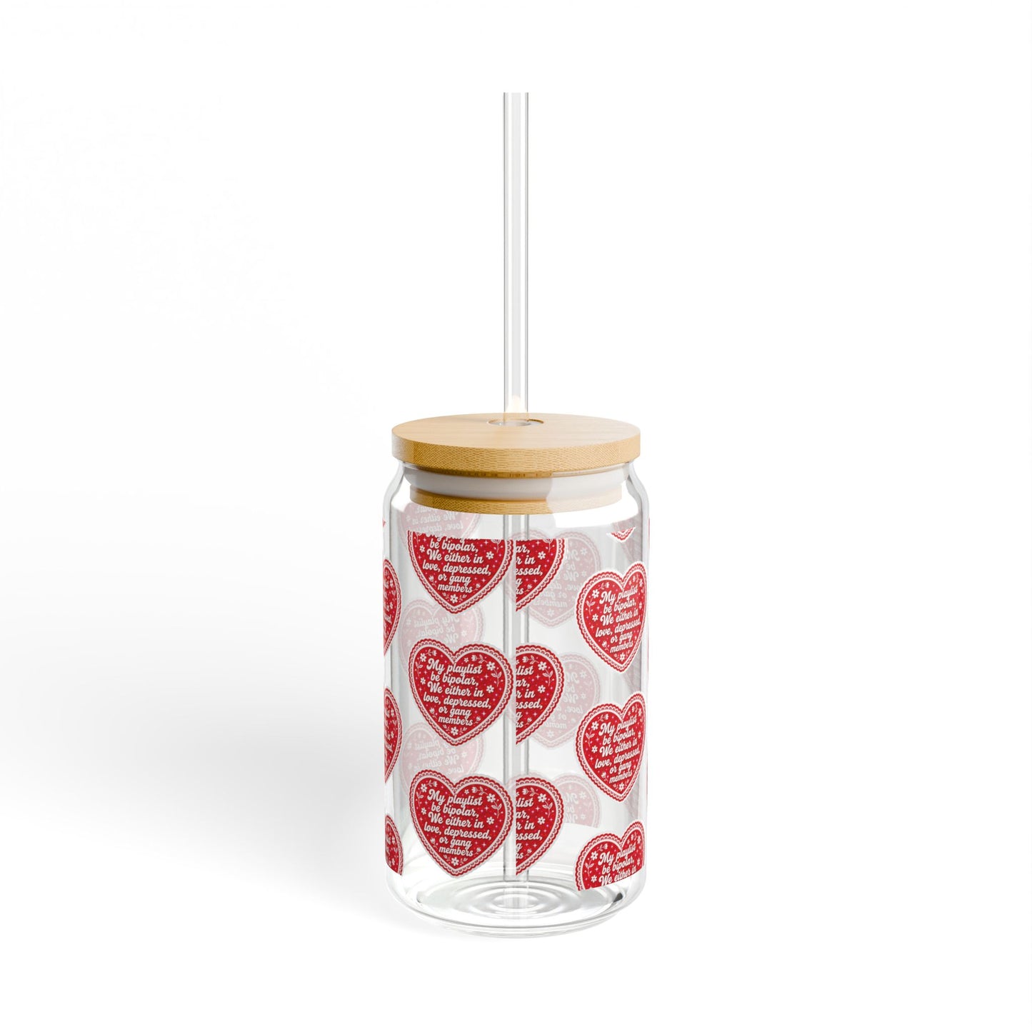 Heart Pattern 16oz Sipper Glass – Valentine’s Reusable Drink Jar with Straw