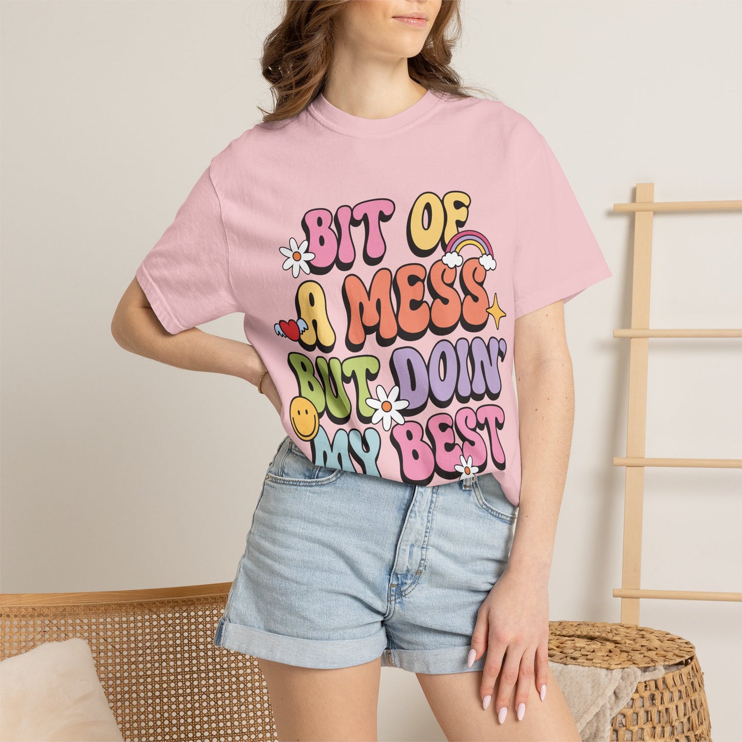 Graphic T-Shirt — "A Bit Of A Mess " Colorful Retro Quote Tee