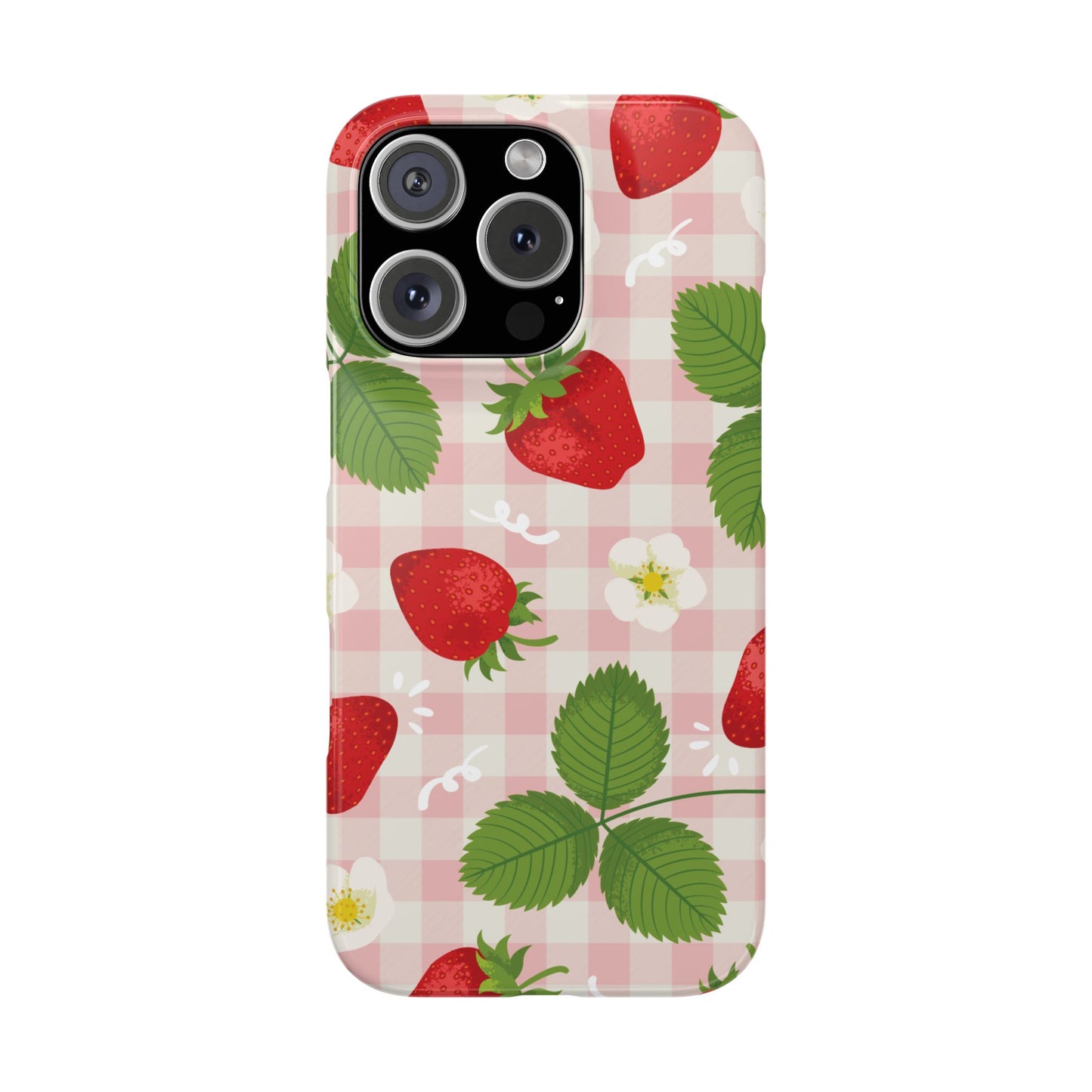 Strawberry Picnic Slim Phone Case — Cute Pink Gingham Fruit Pattern