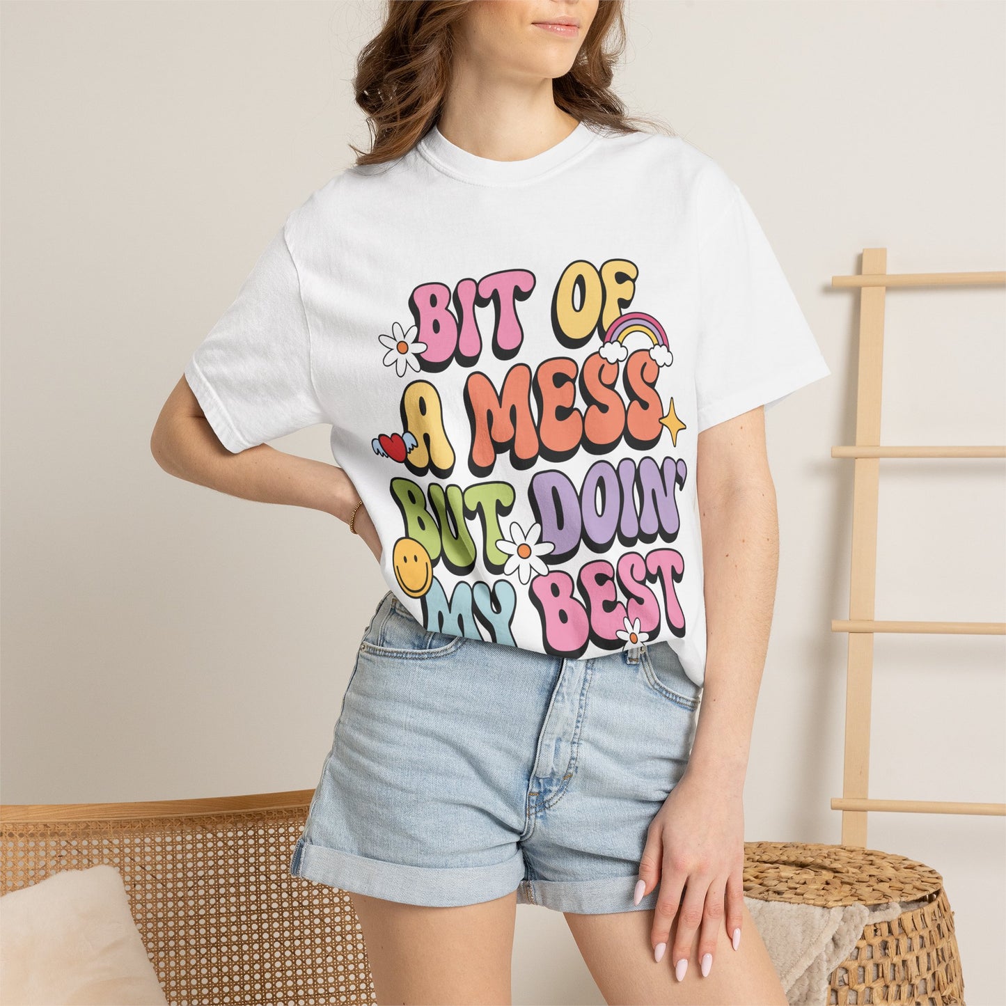 Graphic T-Shirt — "A Bit Of A Mess " Colorful Retro Quote Tee