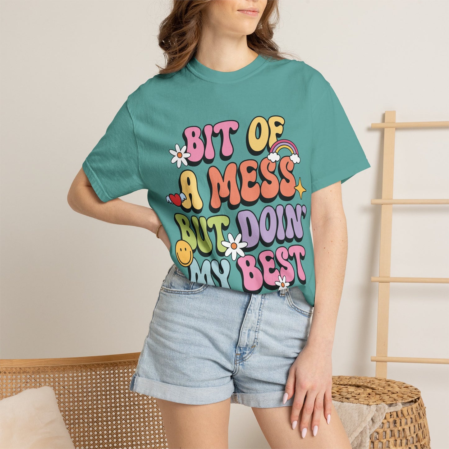 Graphic T-Shirt — "A Bit Of A Mess " Colorful Retro Quote Tee