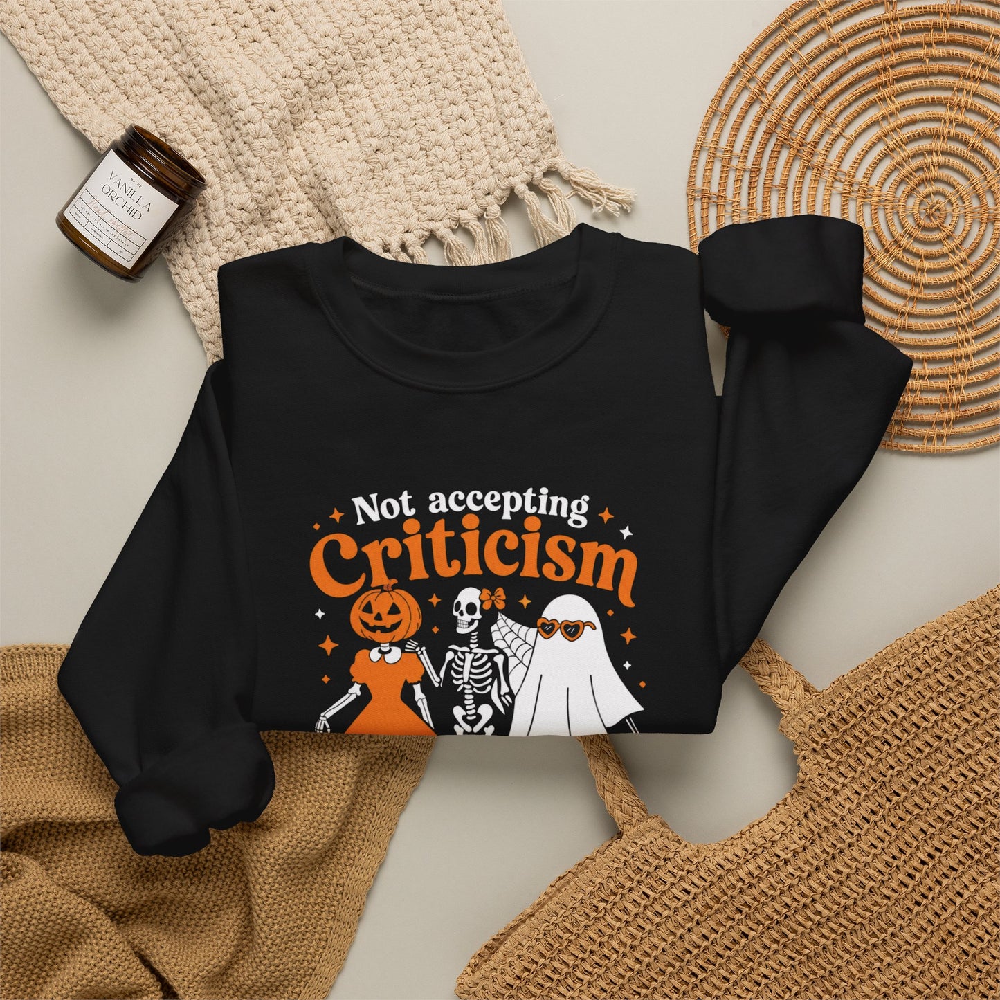 Black Cover Crewneck Sweatshirt — “Not Accepting Criticism From Those Who Need Exorcism” Halloween Graphic
