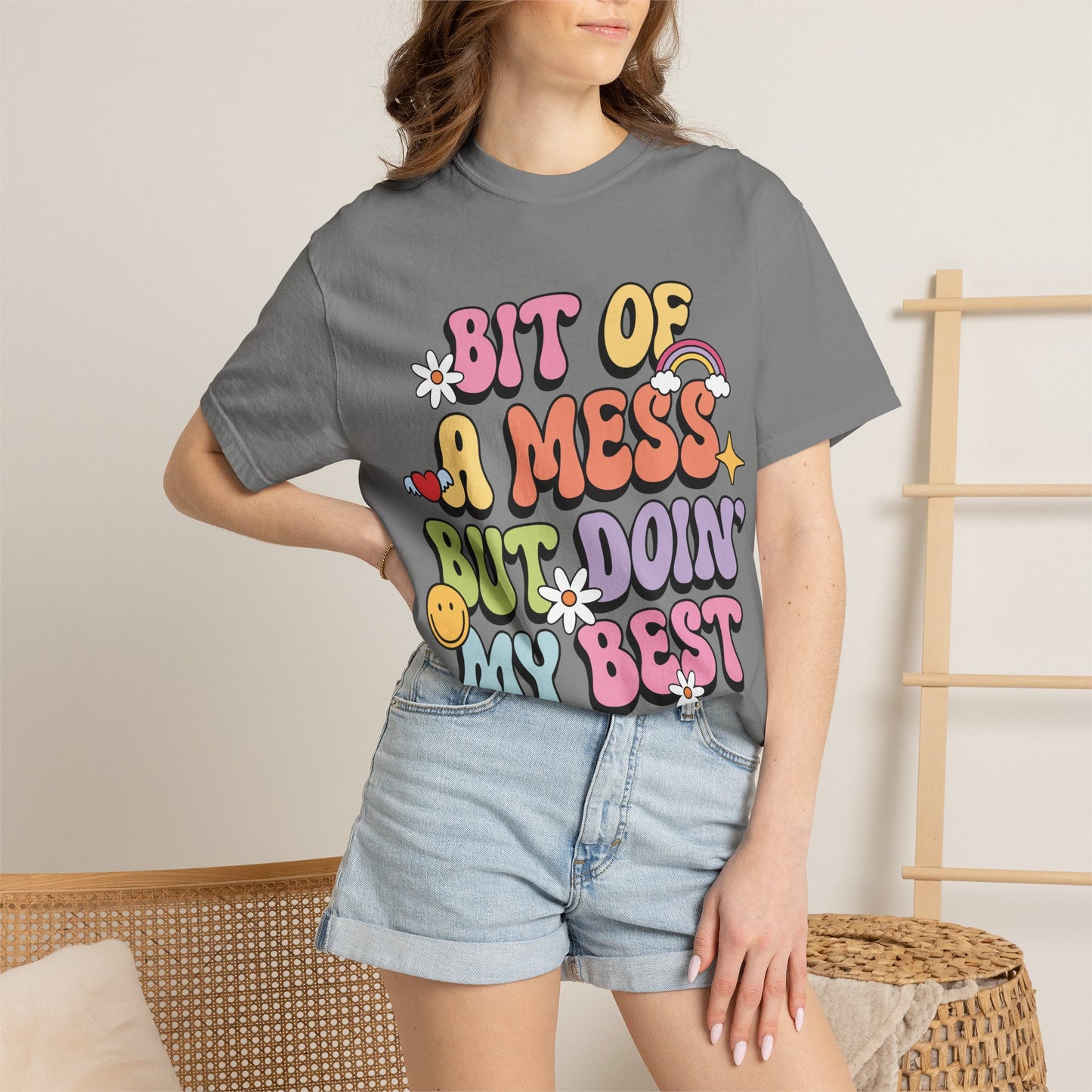 Graphic T-Shirt — "A Bit Of A Mess " Colorful Retro Quote Tee