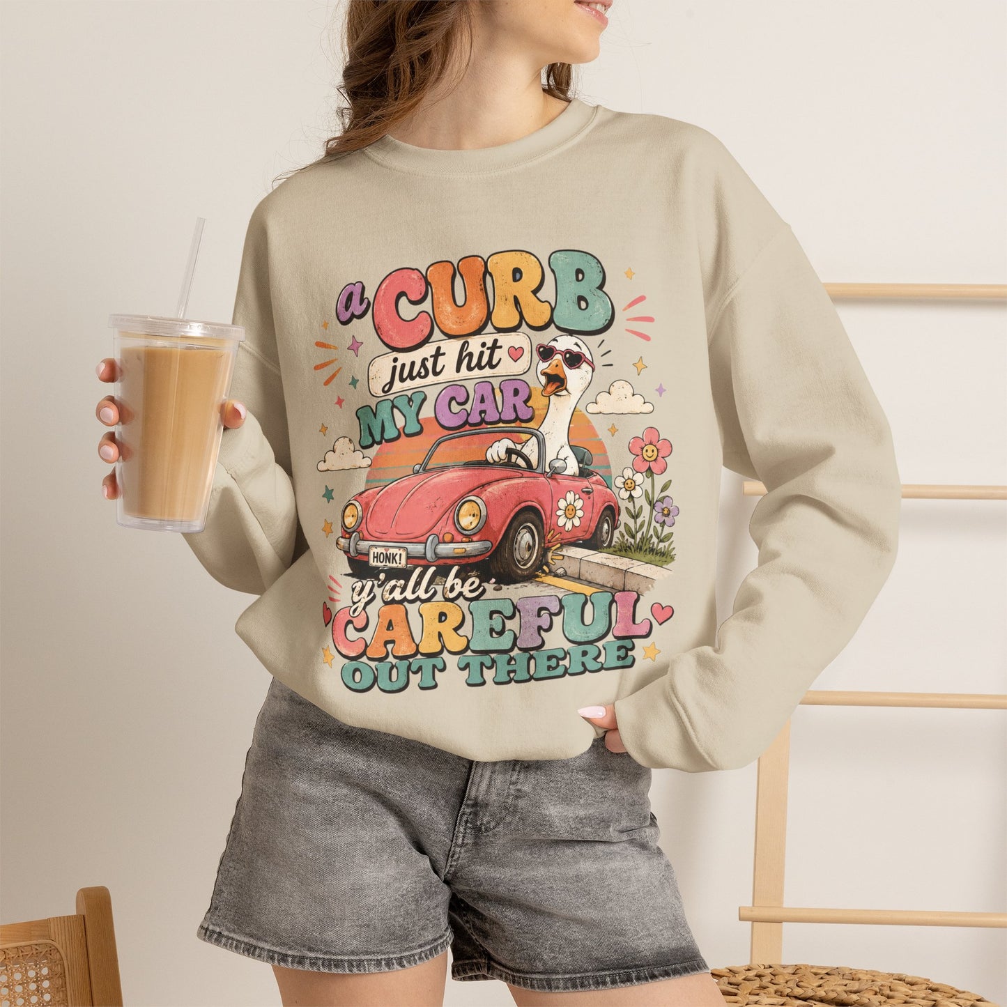 Crew Neck "A Curb Just Hit My Car Y'all" Graphic Sweatshirt