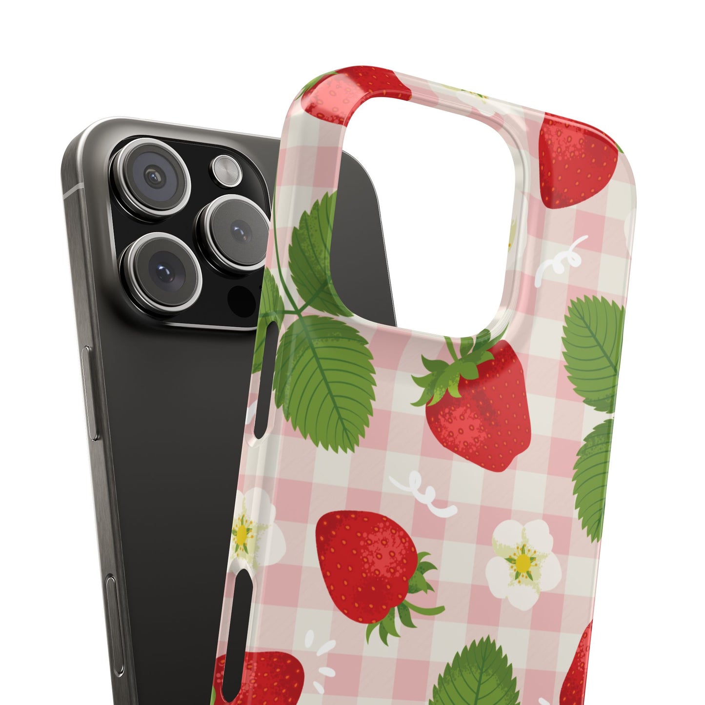 Strawberry Picnic Slim Phone Case — Cute Pink Gingham Fruit Pattern