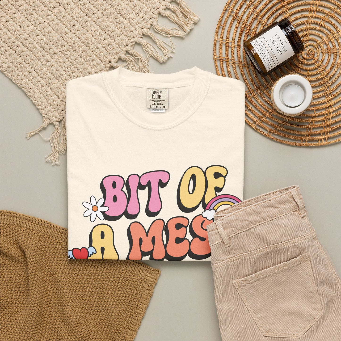 Graphic T-Shirt — "A Bit Of A Mess " Colorful Retro Quote Tee