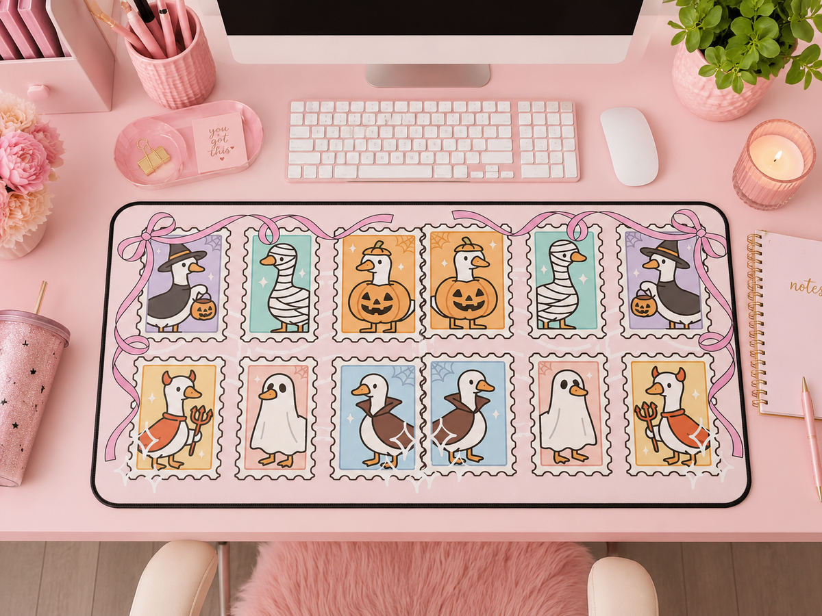 Cute Halloween Goose Desk Mat — Pastel Spooky Stamp Mouse Pad